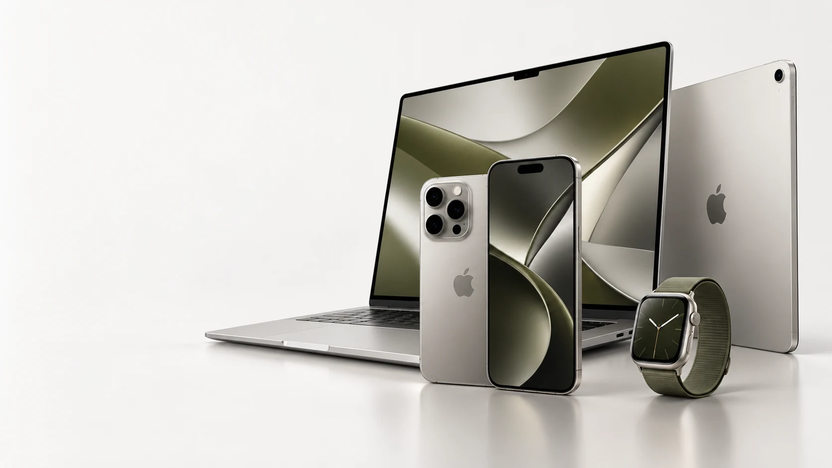 iPhone, Mac, iPad e Apple Watch em composição de estúdio