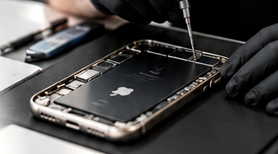 Detalhe interno de iPhone durante a troca de bateria