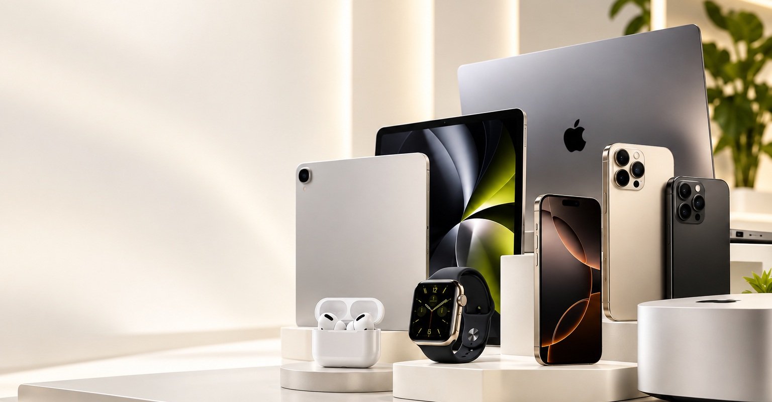 Equipamentos Apple em cenário de estúdio premium