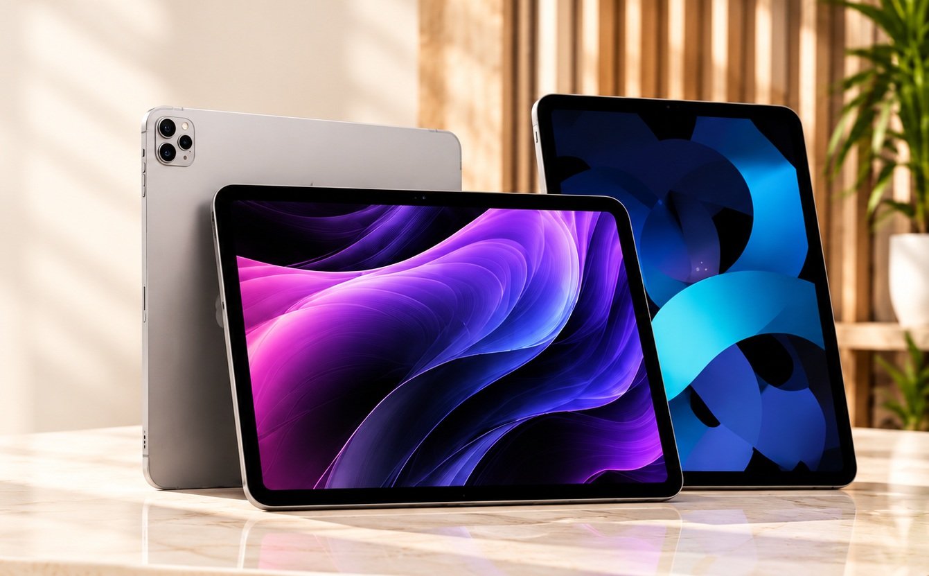 Três iPads em composição premium, com telas roxa e azul e acabamento prateado