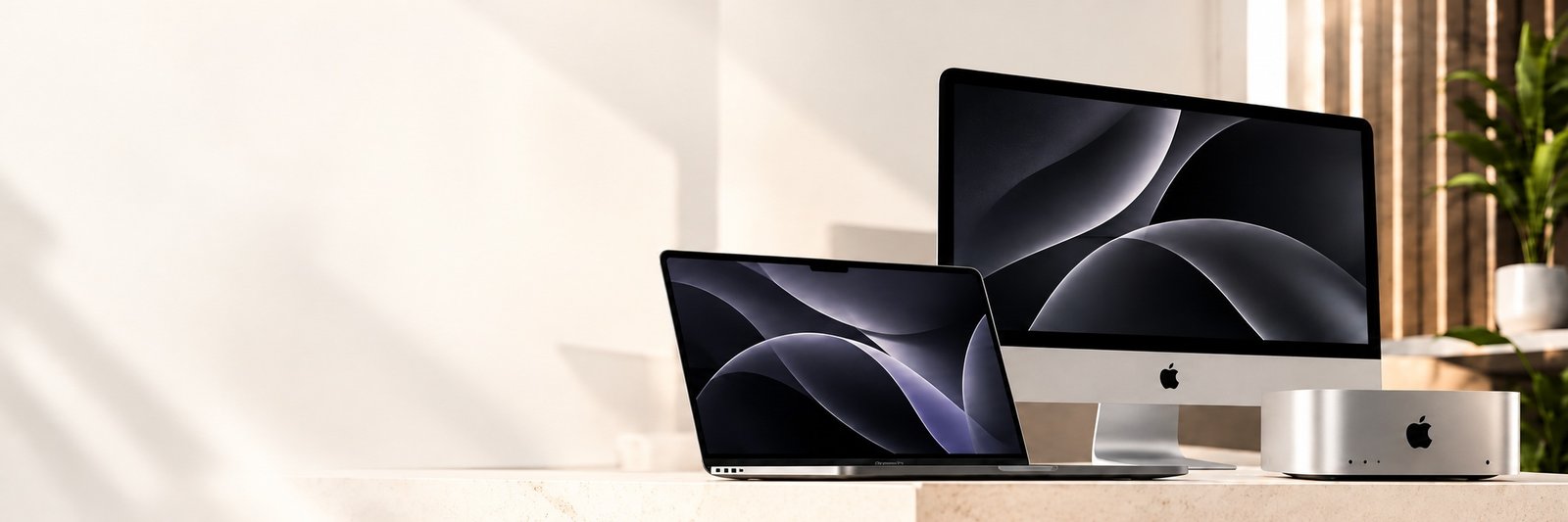 MacBook, iMac e Mac mini apresentados lado a lado em ambiente premium