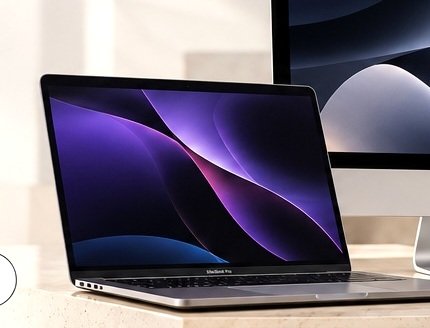 MacBook aberto, parte da linha Mac