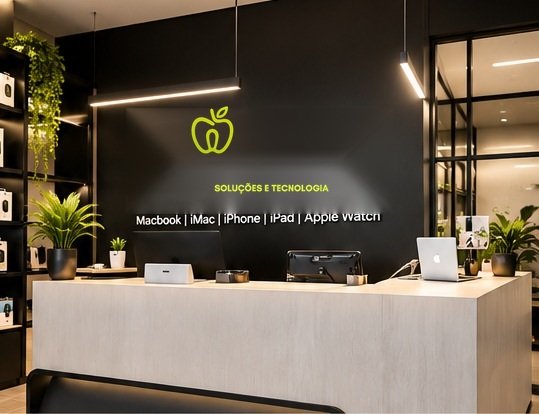 Ambiente premium da iFastservice, com balcão de atendimento e produtos Apple