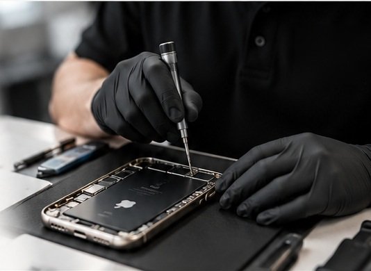 Técnico especializado realizando reparo cuidadoso em um iPhone