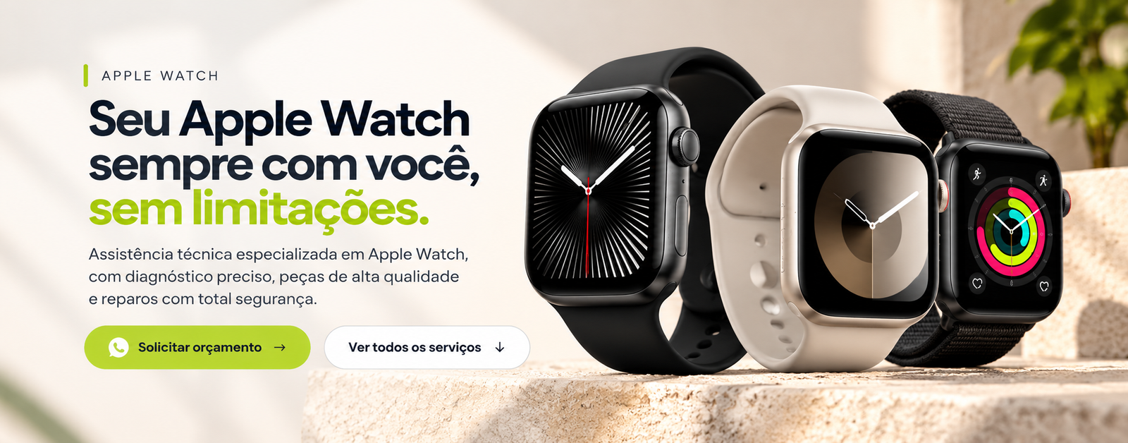 Apple Watch — capa aprovada com três relógios e informações de assistência